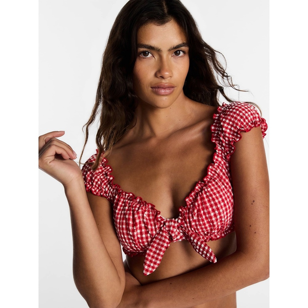 Lee x Kacey Musgraves Gingham Bikini Swim Top Womens L 12-14 Cap Sleeve NWT